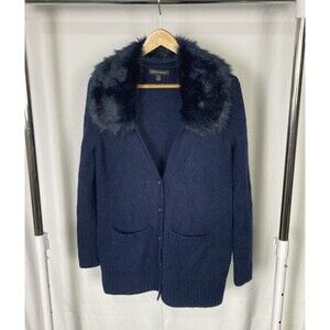 Banana Republic Cardigan Sweater Women Small Navy Fur Collar Mob Wife Merino EUC